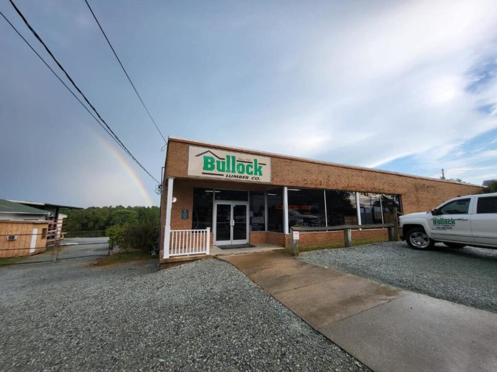 Front entrance to Bullock Lumber Co. in a red brick building