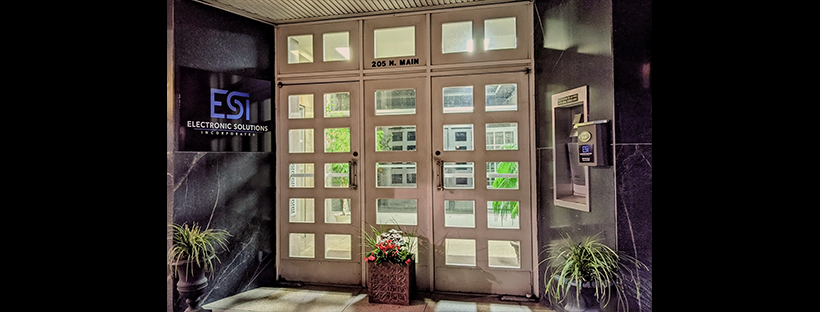 Doors with paned windows in a store entrance