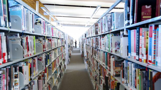 Library shelves full of books and a person browsing books in the distance